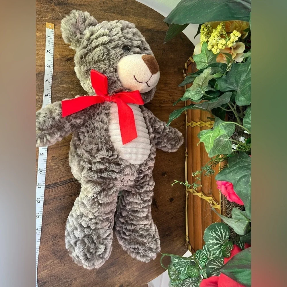 Hugfun Gray Plush Teddy Bear with Red Bow & Heart Paw – Valentine’s Gift